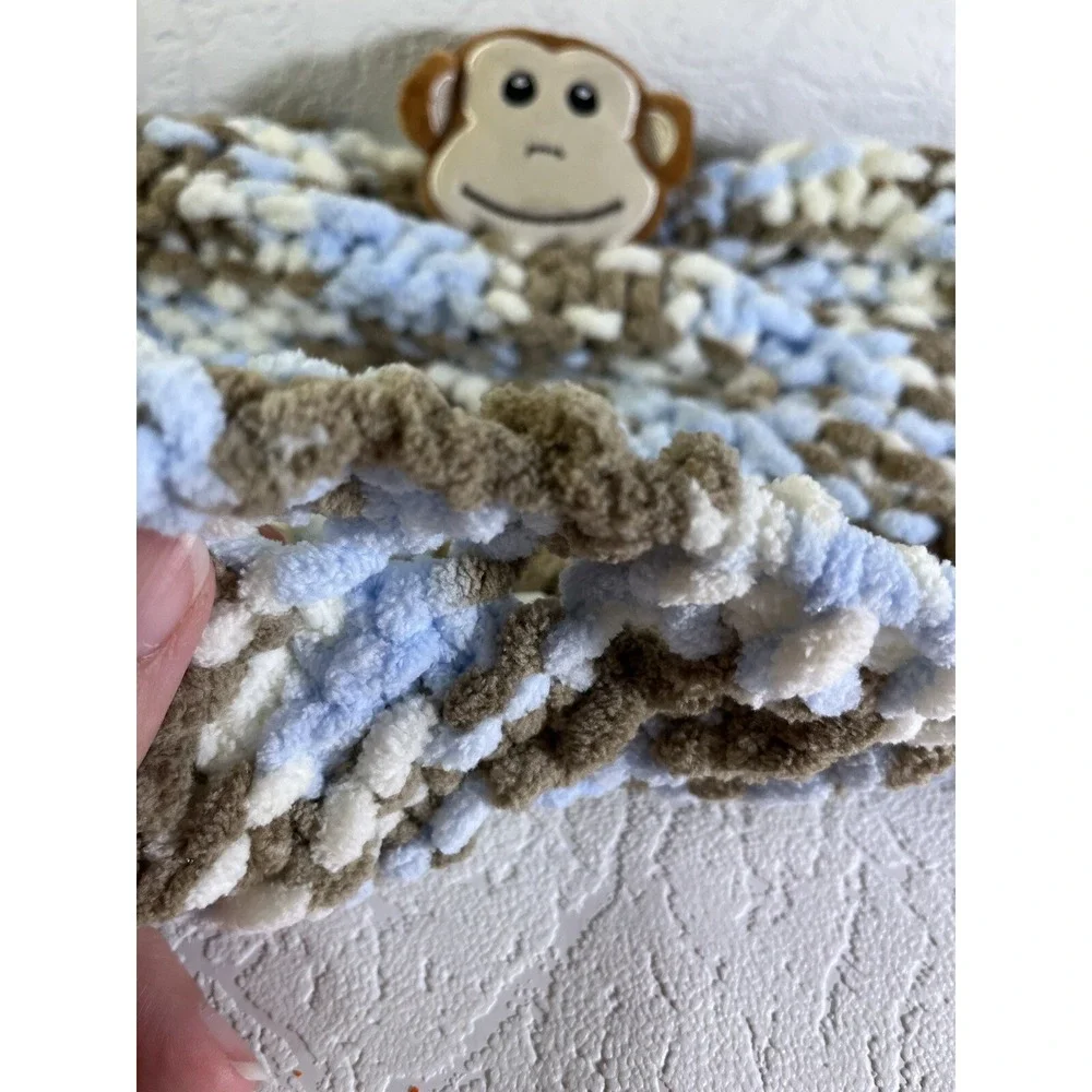 Baby Lovey Chenille Crocteched Blanket 15 X 15 Super Soft Brown Blue Monkey